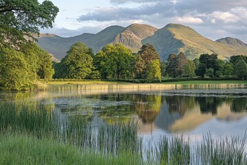 Fototapeta premium Serene Lake Reflection of Majestic Mountains at Sunset in the Lake District