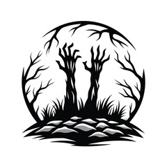 Black Silhouette of a Zombie with Four Arms Reaching Upward from Ground, White BG