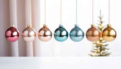 Colorful Christmas Bell Ornaments Hanging with Blurred Holiday Lights


