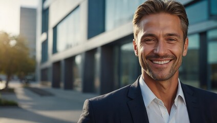 A smiling businessman in a suit stands in front of a modern office building.