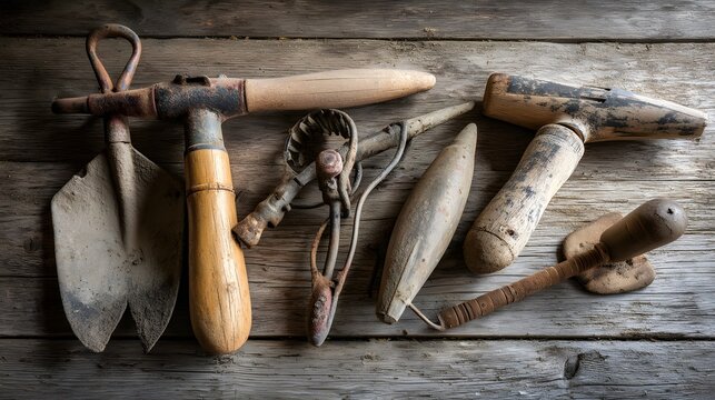Vintage gardening tools on a wooden table, a timeless tribute to rustic simplicity and the art of cultivation