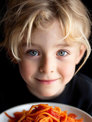 Naklejka premium Nahaufnahme eines kleinen blonden Jungen mit großen blauen Augen mit Spaghetti