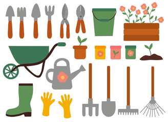 Set of Garden tools Elements. Vector flat illustration.