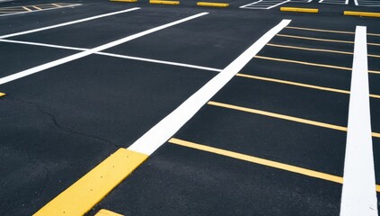 Empty parking lot with yellow parking stops. Asphalt, white painted lines mark spots. Safety outdoors. Transportation, vehicle storage, urban infrastructure, space for car