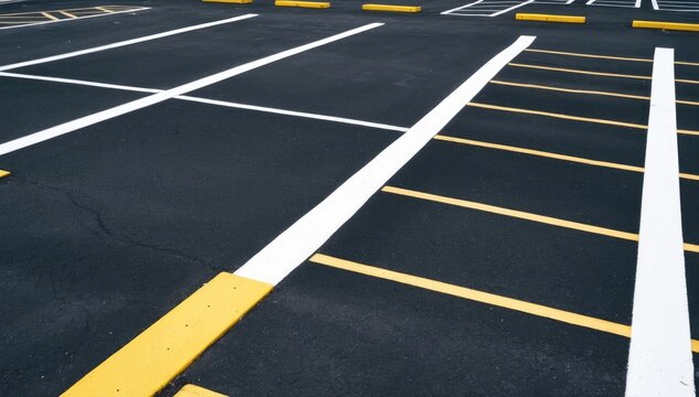 Empty parking lot with yellow parking stops. Asphalt, white painted lines mark spots. Safety outdoors. Transportation, vehicle storage, urban infrastructure, space for car