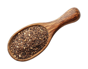 Adding flavor black pepper spice in wooden spoon kitchen view isolated on transparent background