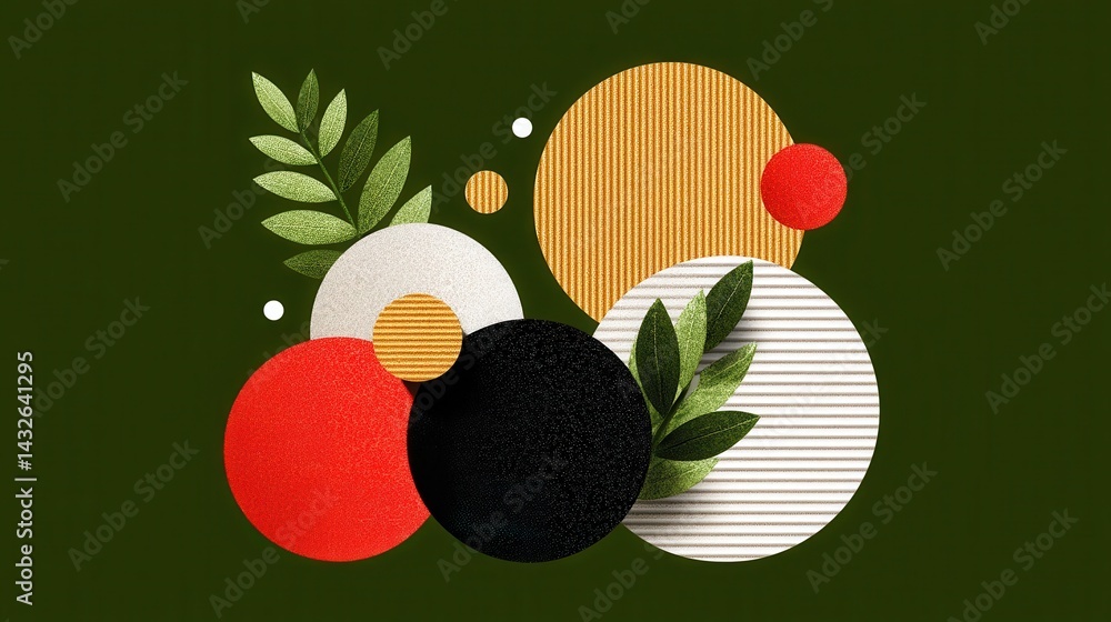 Poster abstract design composition with circles and foliage.