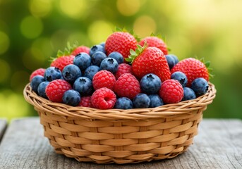 A woven basket filled with a mix of fresh strawberries raspberries and blueberries on a wooden surface