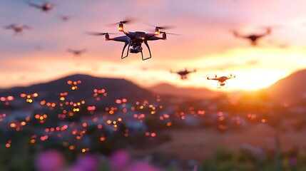 Sleek Futuristic Drone Swarm Flying at Sunset