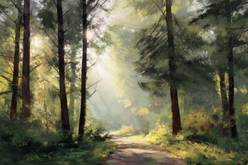 Fototapeta premium Sunlit Path Through a Misty Forest