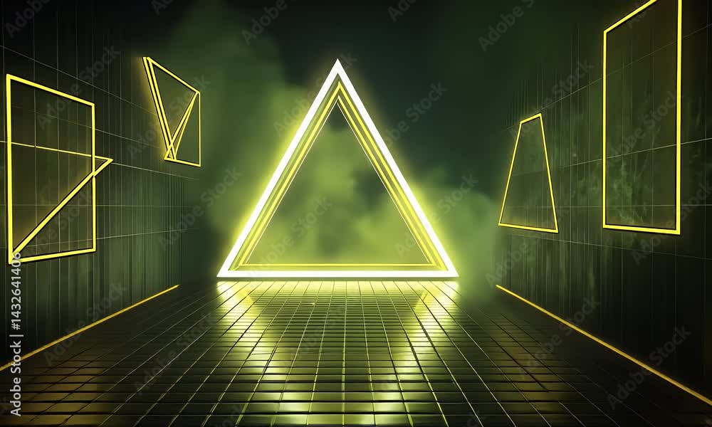 Poster a glowing yellow triangle in the center of a grid, with a symmetrical, retro wave background in a gr