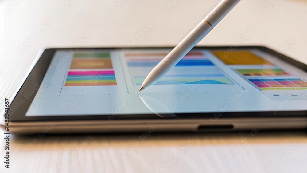Poster a stylus interacts with a tablet screen displaying colorful graphics, emphasizing digital creativity