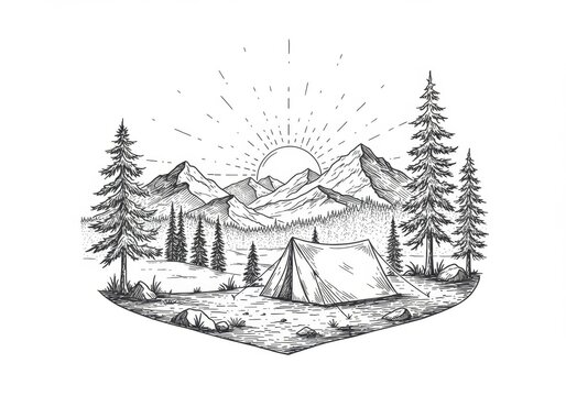 Camping scene with tent, mountains, trees and sun in sketch style