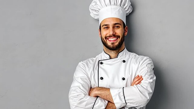 Smiling chef in uniform stands confidently with arms crossed against a gray wall backdrop