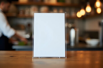 Mock up Menu frame on Table in Bar restaurant, Stand for booklets with white sheets of paper acrylic tent card on cafeteria blurred, Chef cooking in background.