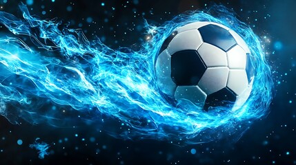 Naklejka premium Dynamic Soccer Ball on Fire with Blue Flame Energy on Transparent Background