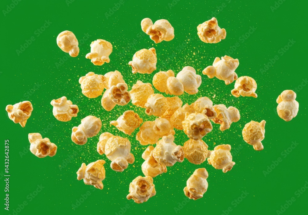 Poster scattered popcorn pieces on a vibrant green background creating a dynamic and playful composition