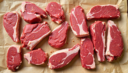 Fresh Cuts of Beef Steaks on Butcher Paper Background  