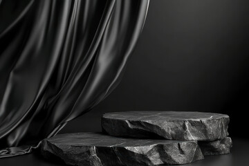 Elegant black curtain with stone platform in dramatic lighting. Dark background