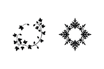 Black Silhouette Of Floral Vine And Ornamental Snowflake Vector Illustrations