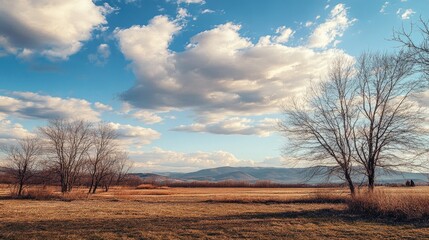 Serene Autumn Landscape: Bare Trees Under a Cloudy Sky, Mountain View