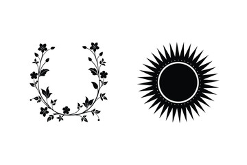 Floral Wreath And Sun Symbol Isolated Vector Illustration Black And White