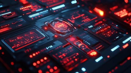 Futuristic Control Panel Interface with Glowing Red and Blue Lights
