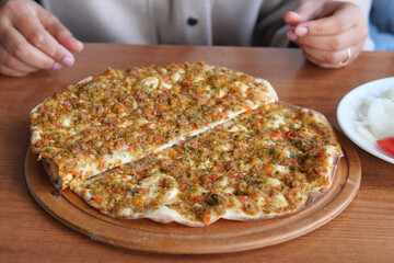 Traditional turkish minced beef meat pizza pita bread lahmacu