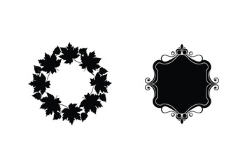 Maple Leaf Wreath And Decorative Frame Black Silhouettes On White Background