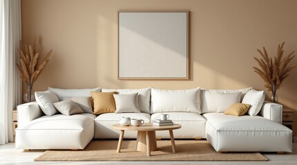  a bright and modern living room interior with a minimalist, cozy aesthetic, often associated with Scandinavian or Japandi design.