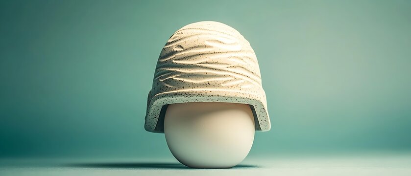 Egg is ready for war in a helmet, humor, standing tall in the center of the frame with a teal background
