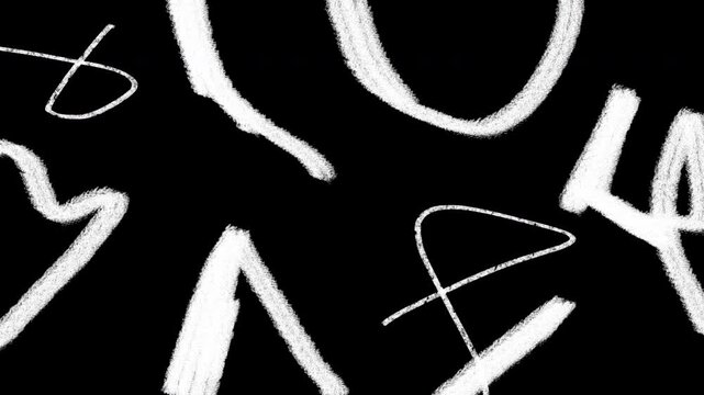 Monochromatic animation of white grunge pencil scribble doodle lines and noisy textures on black background. Gritty
 scribble brushy lines. Low frame rate effect. Seamless loop.