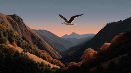 Naklejka premium Majestic seabird soaring through a scenic mountain valley at dawn.