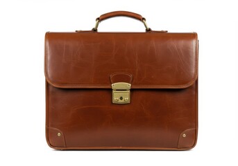 A leather briefcase with a handle and a metal clasp on a white background in a studio setting