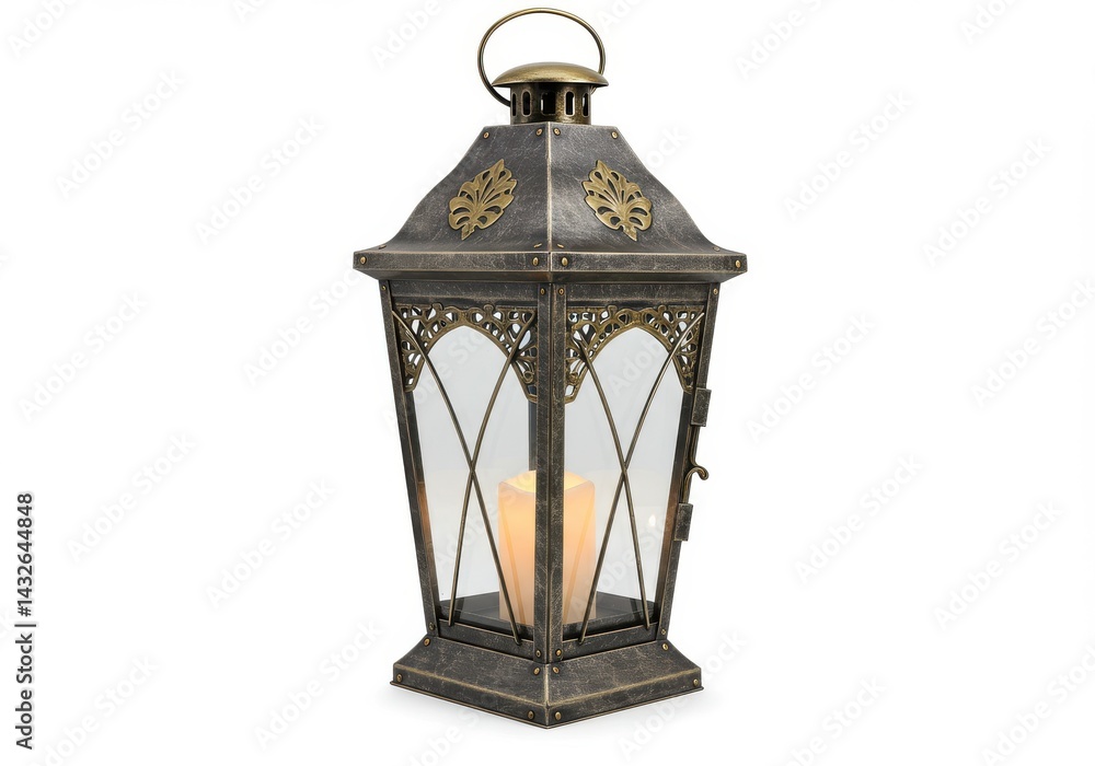 Aufkleber a decorative metal lantern with a candle inside on a white background in a studio setting view front