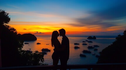 Fototapeta premium Romantic sunset kiss beachside location love story serene environment silhouette viewpoint passionate concept for seo