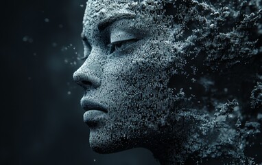 Digital portrait of a woman's face, dissolving into a particle stream against a dark background.