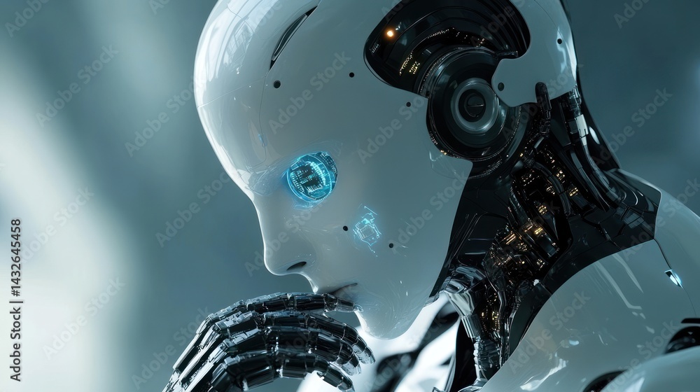 Poster pensive humanoid robot contemplating future scenarios with technology integration