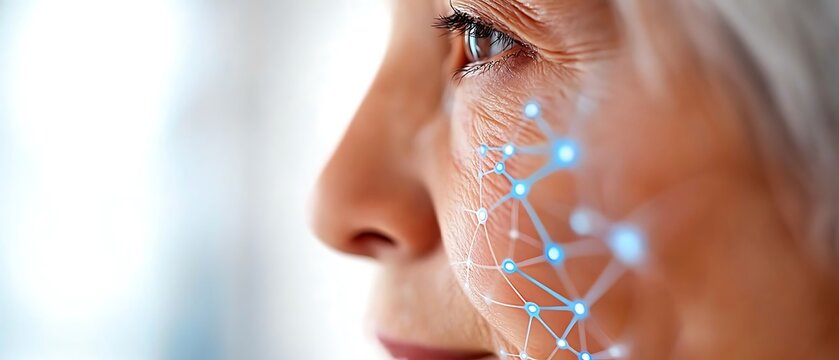 Elder woman's profile with digital network overlay on face