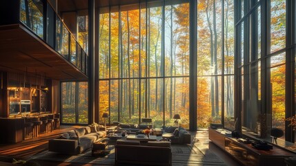 Fototapeta premium Autumn forest view, modern living room, sunrise, glass wall, home interior design