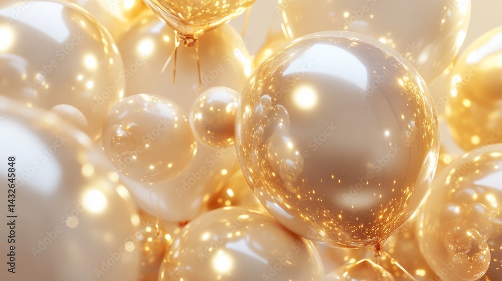 Poster the balloons with gold strings appear highly polished and reflective, showing off highlights and spa