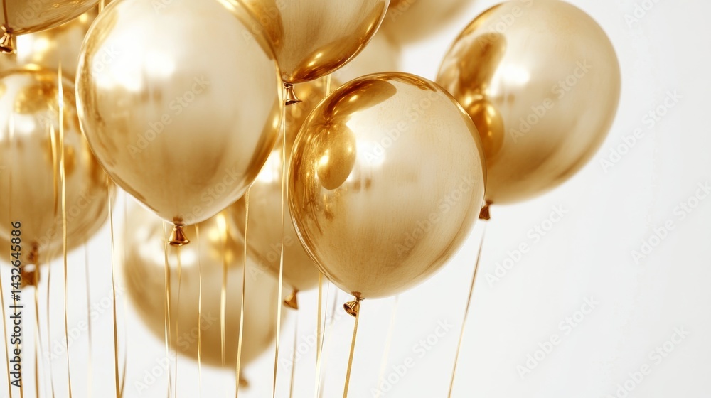 Poster The balloons with gold strings appear highly polished and reflective, showing off highlights and sparkles. The texture appears smooth and seamless. The background is pure white, which contrasts sharpl