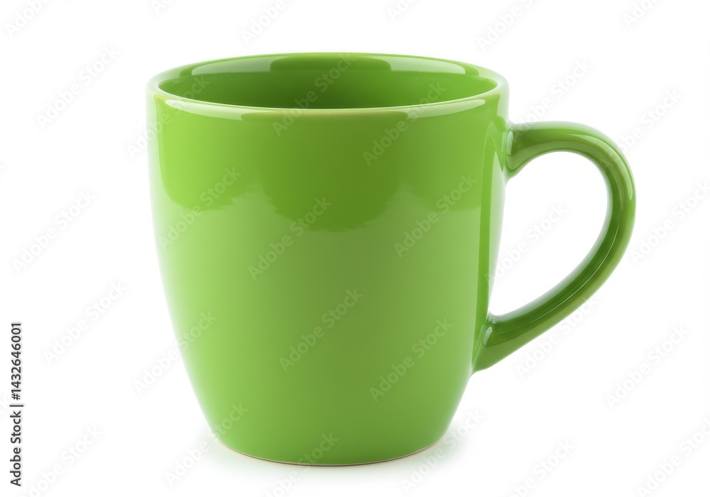 Poster a simple studio shot of a shiny green ceramic mug with a handle on a white background surface