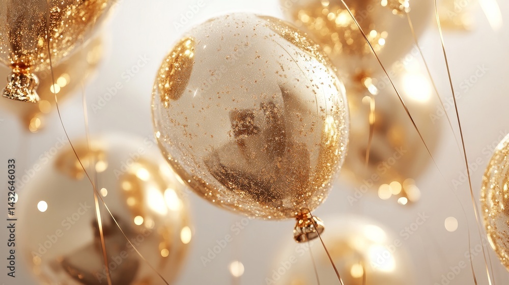 Poster The balloons with gold strings appear highly polished and reflective, showing off highlights and sparkles. The texture appears smooth and seamless. The background is pure white, which contrasts sharpl