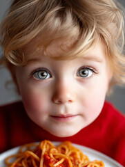 Nahaufnahme eines kleinen blonden Jungen mit gro&szlig;en blauen Augen mit Spaghetti