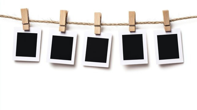 blank instant photos hanging on rope
