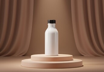 White Bottle on Display Stage with Brown Curtain Backdrop