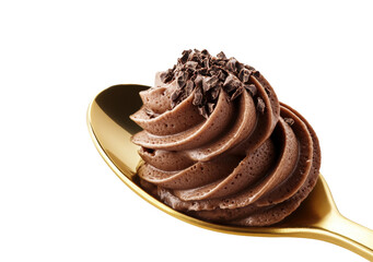 Delicious chocolate mousse on a golden spoon gourmet dessert minimalist isolated on transparent background