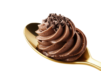 Delicious chocolate mousse on a golden spoon gourmet dessert minimalist isolated on transparent background