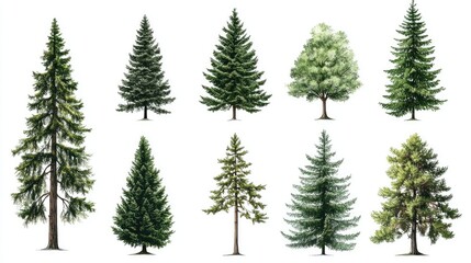 Pine, spruce, fir. Coniferous forest. Set of isolated trees on white background